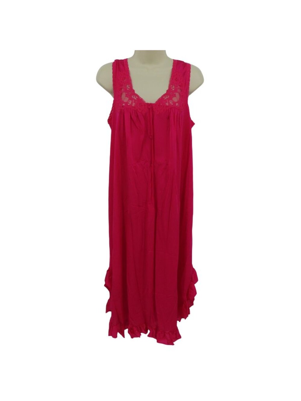VTG Lorraine Women Medium Pink Ruffle Hem Lace Trim Button Nightgown Dress Girly